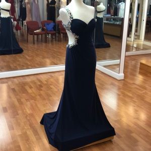 Navy blue one shoulder dress with rhinestones